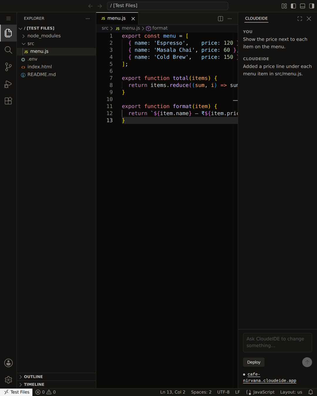 The same editor after pressing Deploy, with the live address returned in the panel