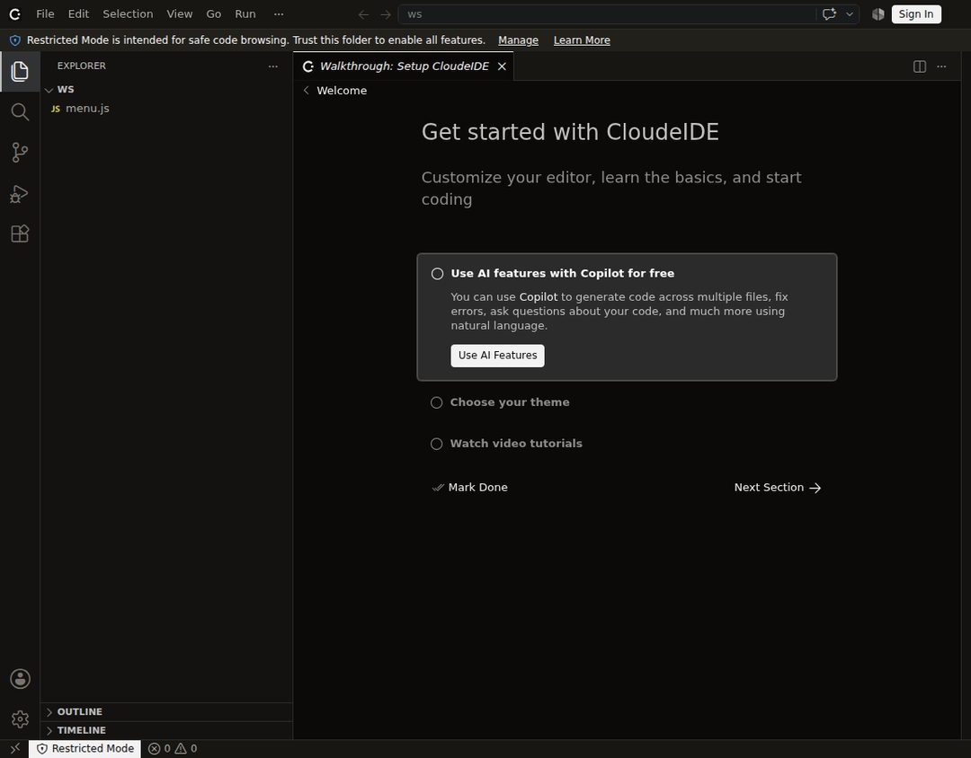 CloudeIDE running as a desktop application on Linux, with the panel open on the right