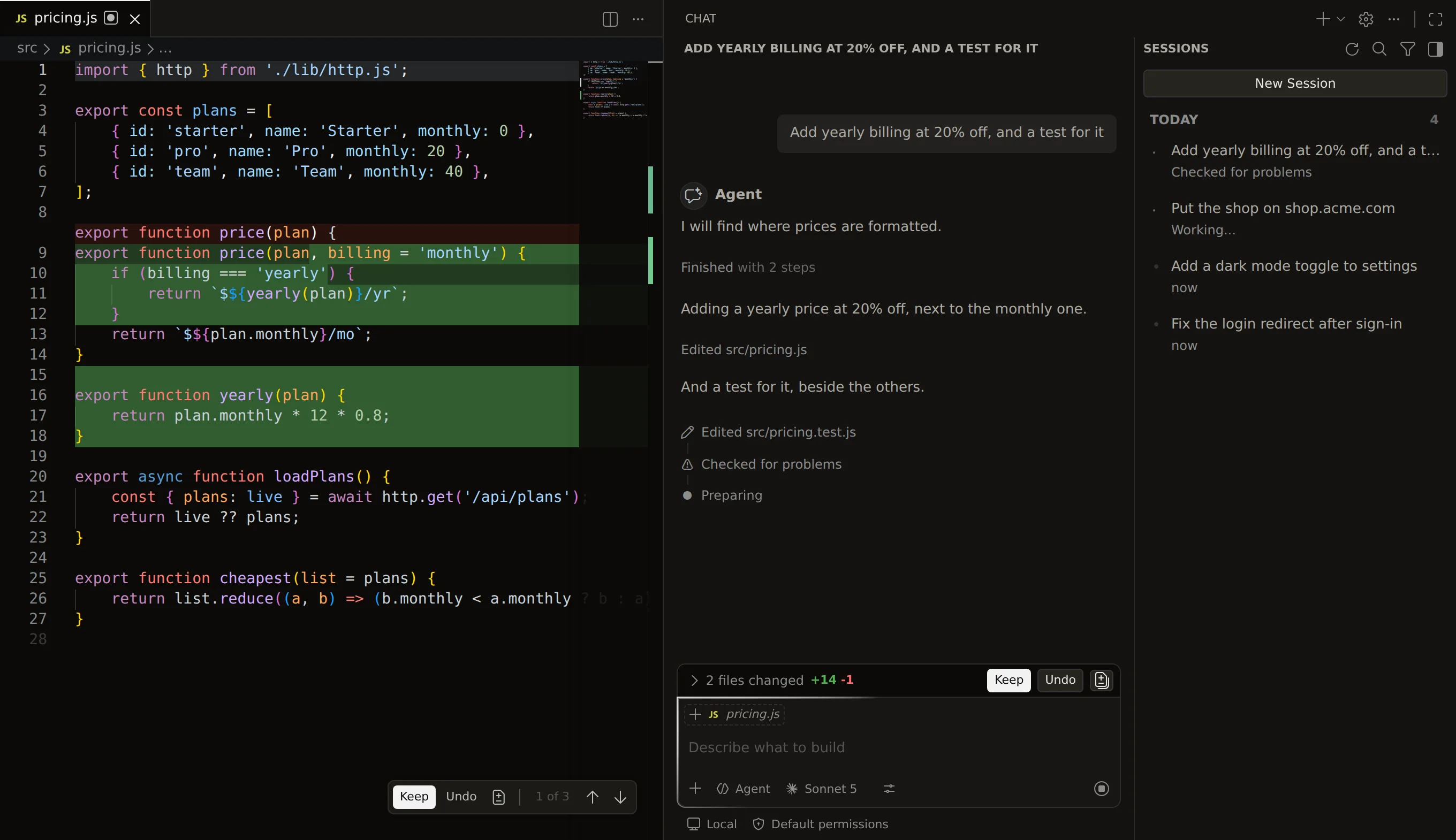 The agent has edited pricing.js and a test, and is checking the project for problems.